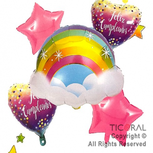 SET DE GLOBOS METALIZADO FELIZ CUMPLE ARCO IRIS CORAZON 5 UNIDADES 